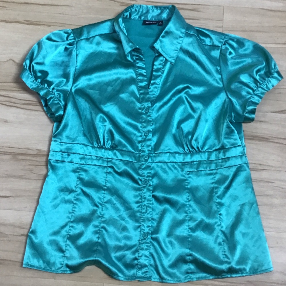 Satin Shimmering Teal Baby Doll Tailored Puff Sleeve Blouse XL Romantic Jewel